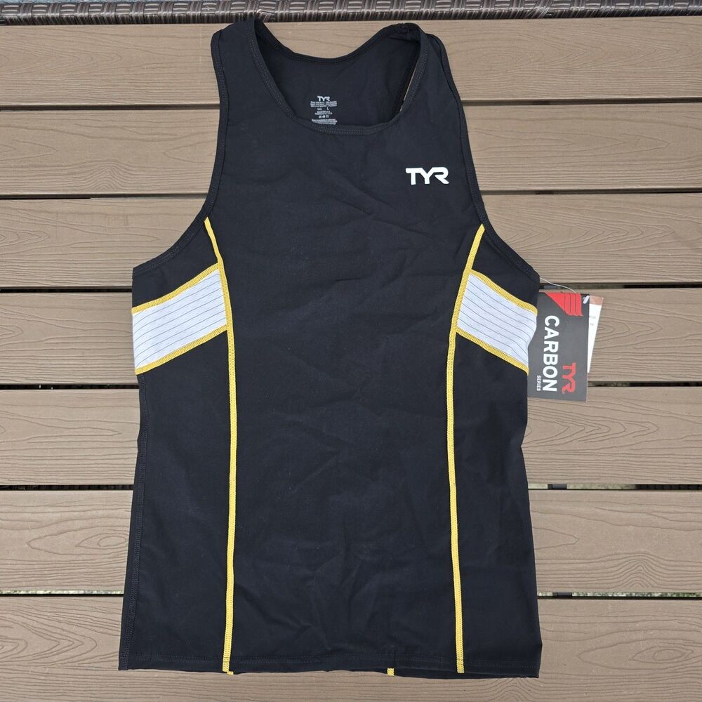 TYR Men's Triathlon Black/Gold Carbon Singlet Tri Triathlon Tank Sz L New